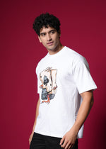 Outlaws White Oversized T-Shirt made of 100% cotton featuring a relaxed streetwear style, displayed on a hanger.