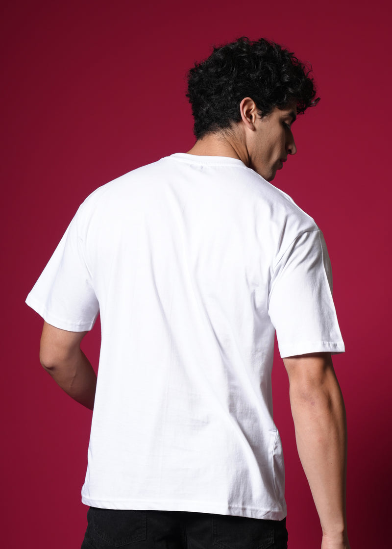 Outlaws White Oversized Cotton T-Shirt featuring a relaxed streetwear style, displayed on a hanger or model.
