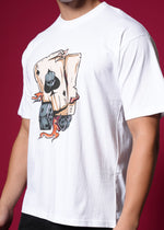 Outlaws White Oversized Cotton T-Shirt with streetwear style, displayed on a hanger, casual and relaxed fit, front view.