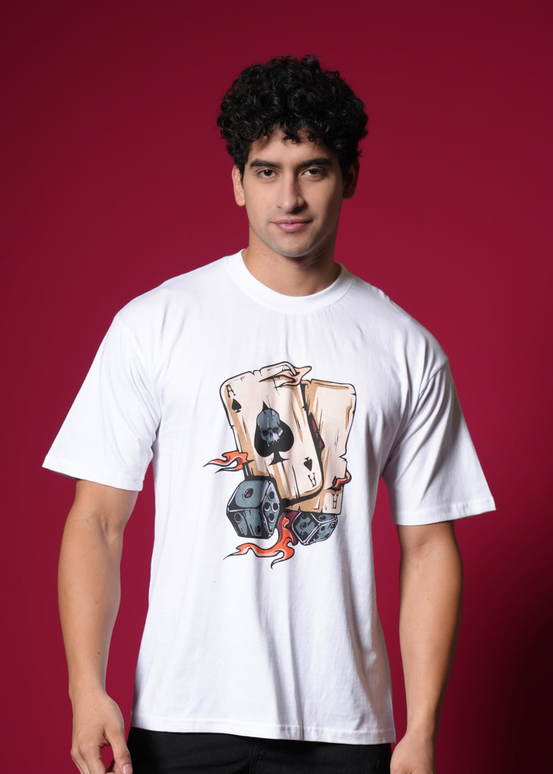 Outlaws White Oversized T-Shirt made of 100% cotton featuring a relaxed streetwear style, displayed on a hanger.