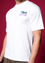 Outlaws White Oversized Cotton T-Shirt with streetwear style, featuring a relaxed fit and simple design on a model.