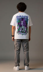 Outlaws White Oversized Cotton T-Shirt featuring a relaxed streetwear style, displayed on a hanger with a casual background.