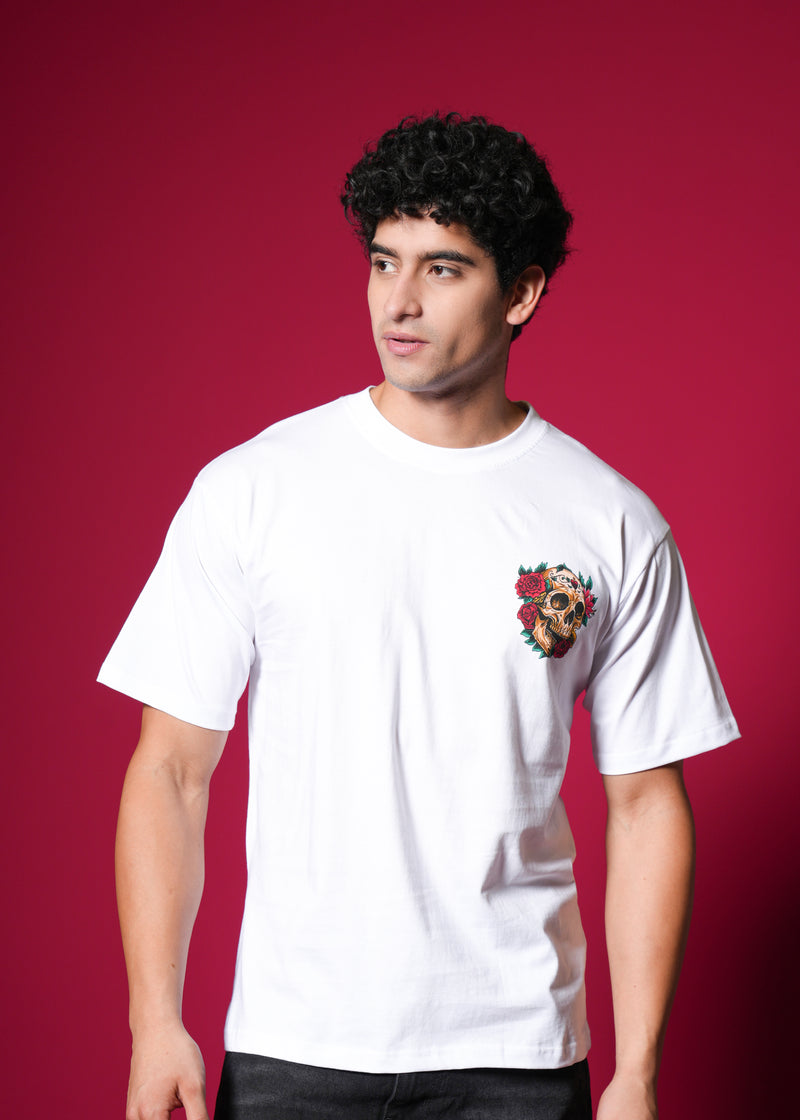 Outlaws White Oversized Cotton T-Shirt with streetwear style, displayed on a hanger, showcasing casual, relaxed fit and clean design.