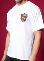 Outlaws White Oversized Cotton T-Shirt with streetwear style, shown on a hanger, featuring a relaxed fit and casual design.