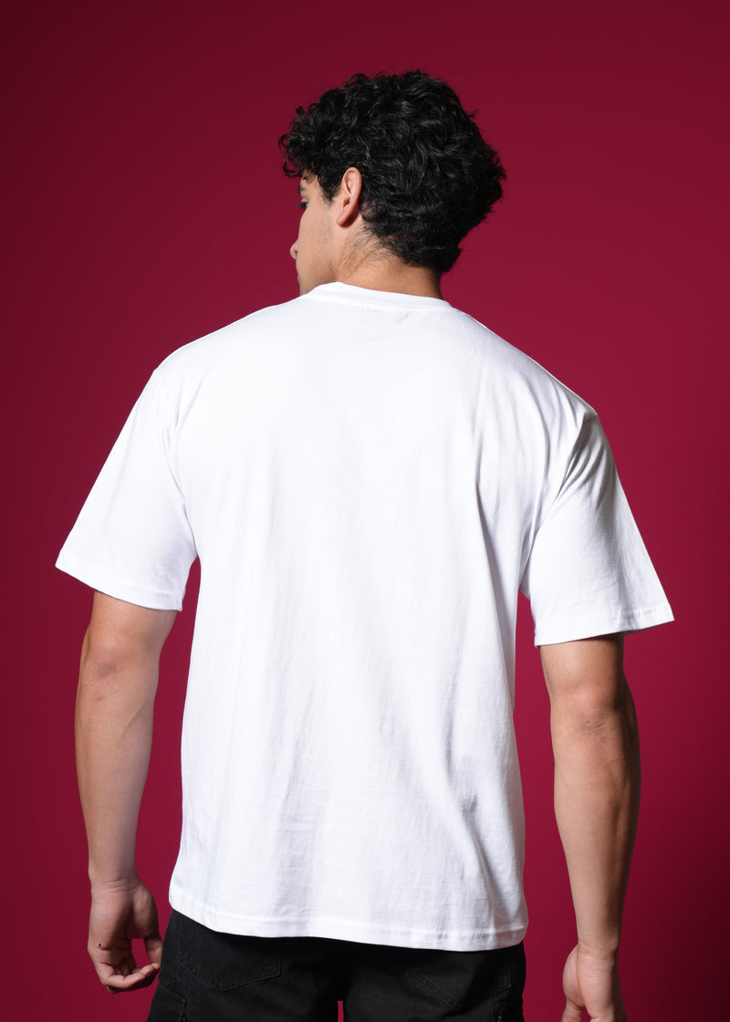 Outlaws White Oversized Cotton T-Shirt with streetwear style, displayed on a hanger, featuring a relaxed fit and clean design.