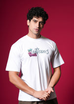 Outlaws White Oversized Cotton T-Shirt with streetwear style, featuring a relaxed fit and casual design.