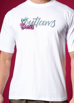 Outlaws White Oversized Cotton T-Shirt featuring a relaxed streetwear style, shown on a hanger with a plain background.