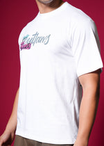 Outlaws White Oversized Cotton T-Shirt with streetwear style, featuring a relaxed fit and minimalistic design.
