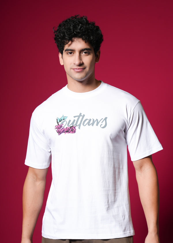 Outlaws White Oversized T-Shirt made of 100% cotton, featuring a relaxed streetwear style with a loose fit and simple design.