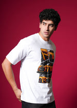 Outlaws White Oversized Cotton T-Shirt with streetwear style, relaxed fit, and bold branding on the front.