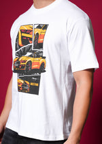 Outlaws White Oversized Cotton T-Shirt with streetwear style, displayed on a hanger, showcasing its relaxed fit and soft fabric.
