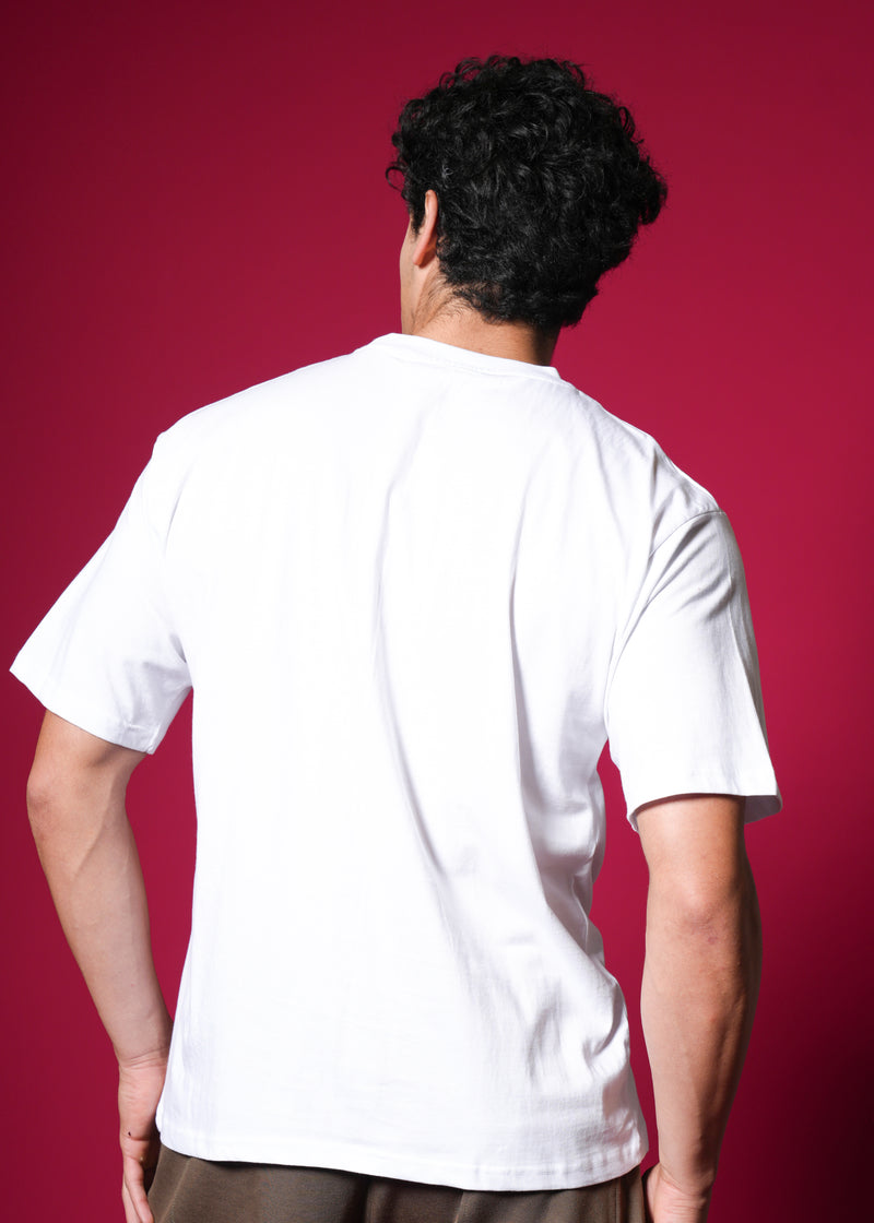 Outlaws White Oversized Cotton T-Shirt with streetwear style, featuring a relaxed fit and simple design on a white background.