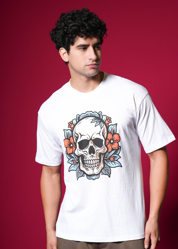 Outlaws White Oversized Cotton T-Shirt with streetwear style, featuring a relaxed fit and casual design.