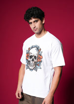Outlaws White Oversized Cotton T-Shirt with streetwear style, displayed on a hanger with a casual fit and relaxed silhouette.