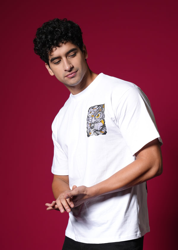 Outlaws White Oversized T-Shirt made of 100% cotton with a relaxed streetwear fit, displayed on a hanger.