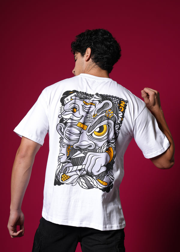 Outlaws White Oversized Cotton T-Shirt with streetwear style, displayed on a hanger with a relaxed fit and casual design.