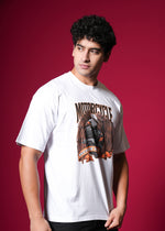Outlaws White Oversized Cotton T-Shirt with streetwear style, featuring a relaxed fit and casual design, on a hanger.
