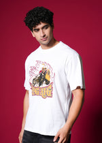 Outlaws White Oversized Cotton T-Shirt with streetwear style, shown on a hanger, front view highlighting relaxed fit and soft fabric.