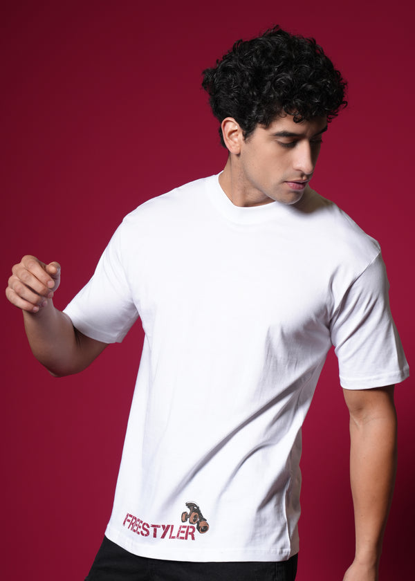 Outlaws White Oversized Cotton T-Shirt featuring a relaxed streetwear style, displayed flat with visible fabric texture.