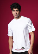 Outlaws White Oversized Cotton T-Shirt with streetwear style, plain design, and relaxed fit displayed on a hanger.