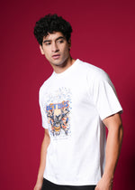 Outlaws White Oversized Cotton T-Shirt with streetwear style, featuring a relaxed fit and simple design, on a plain background.