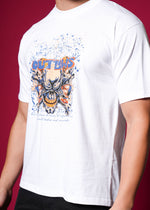 White oversized cotton T-shirt by Outlaws Fashion with streetwear style, shown laid flat with visible logo detail.