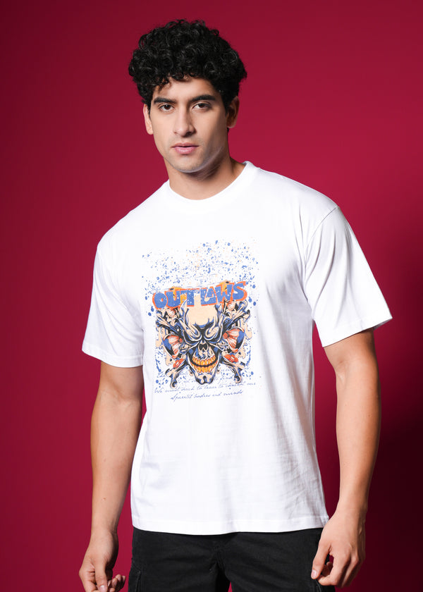 Outlaws White Oversized Cotton T-Shirt with streetwear style, featuring a relaxed fit and casual design.