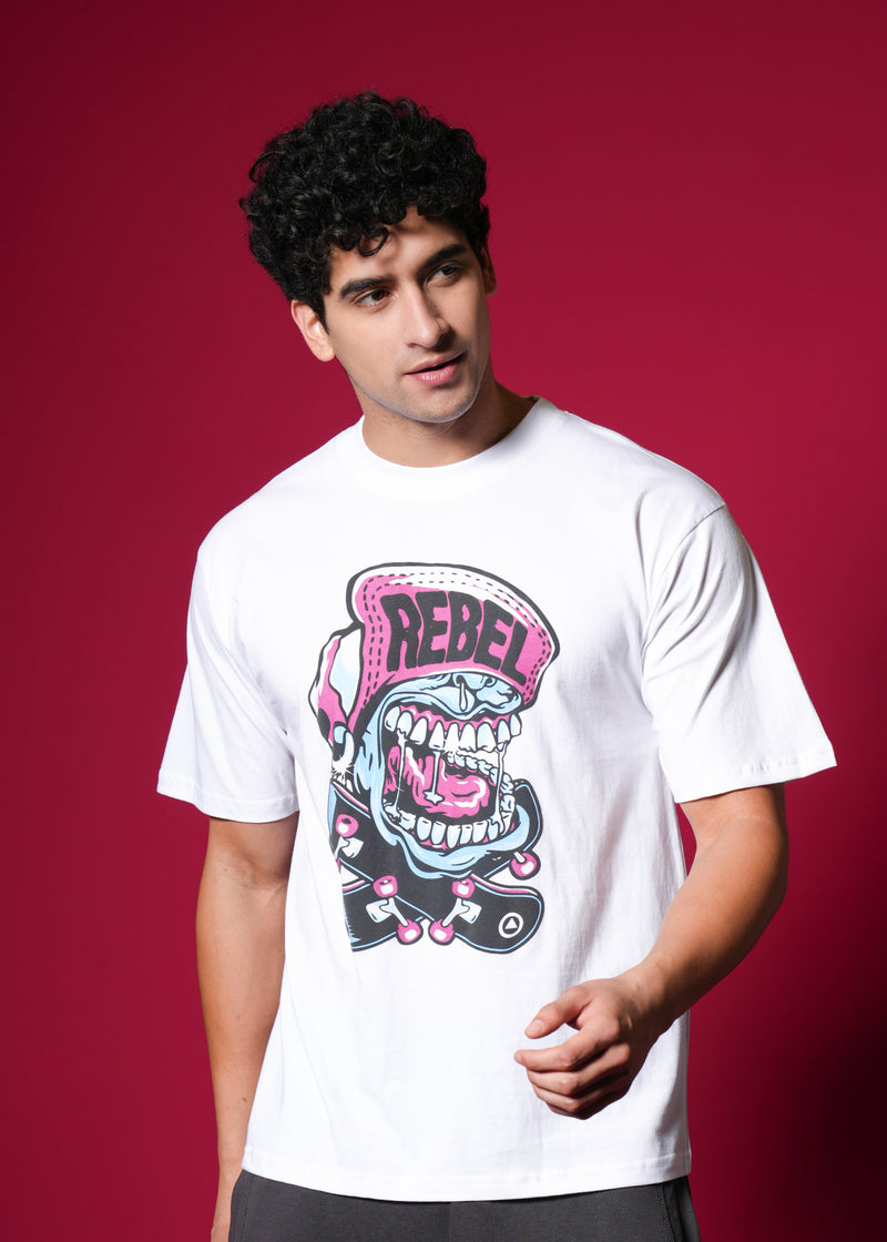 Outlaws White Oversized Cotton T-Shirt featuring a relaxed fit and streetwear style, displayed on a hanger against a neutral background.