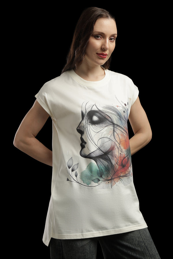 Outlaws Women Artistic Graphic Printed T Shirt - Abstract Face Art Cream Tee