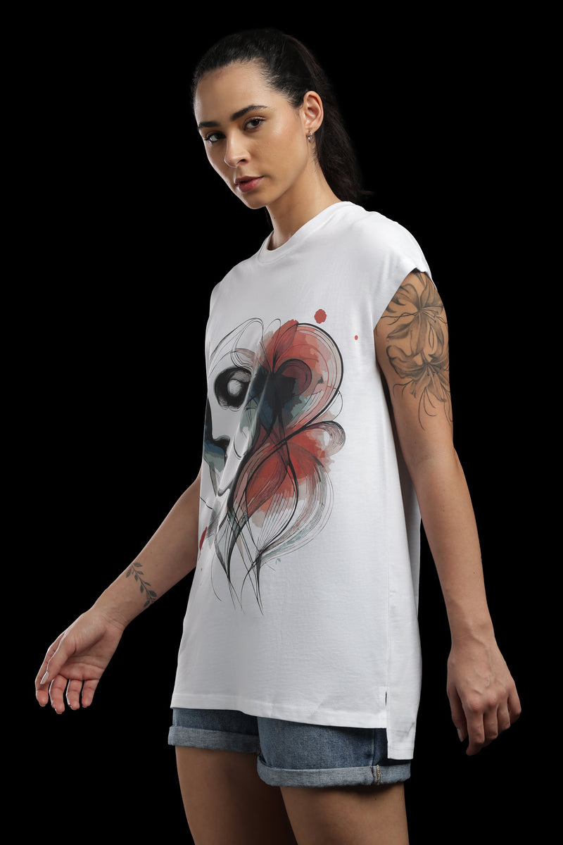Outlaws Women Artistic Printed T Shirt - Abstract Face Graphic White Tee