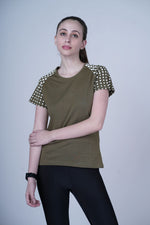 Outlaws women athleisure t shirt olive sporty contrast sleeve