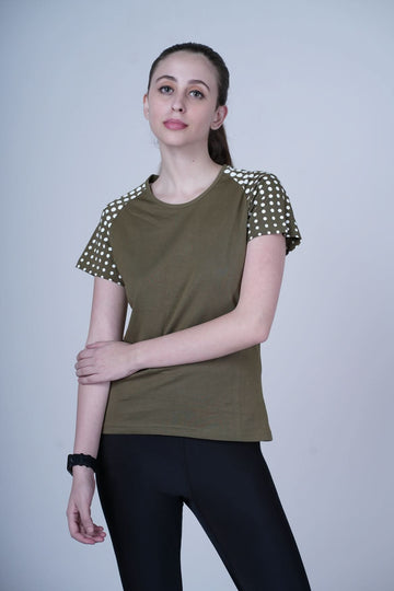 Outlaws women athleisure t shirt olive sporty contrast sleeve