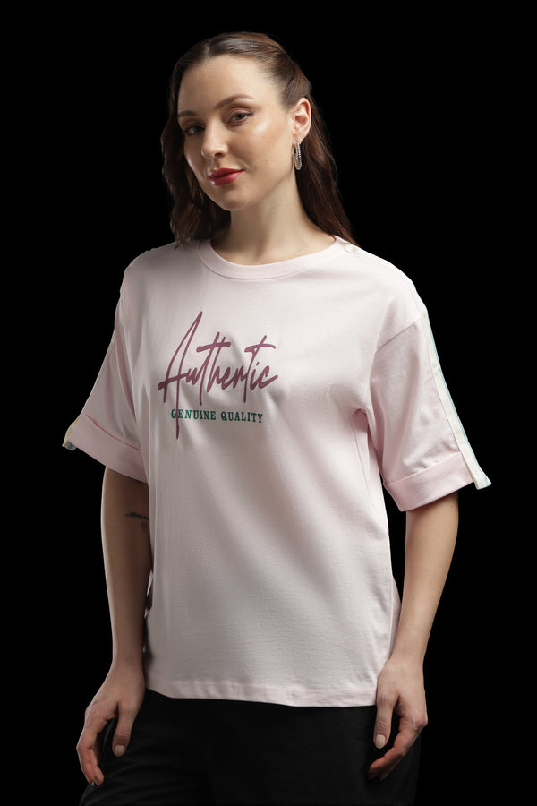 Outlaws Women Authentic Oversized T-Shirt | Pink Casual Typography Printed Tee for Women