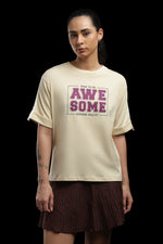 Outlaws Women Awesome Oversized T-Shirt | Beige Casual Typography Printed Tee for Women