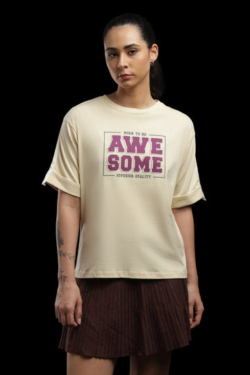 Outlaws Women Awesome Oversized T-Shirt | Beige Casual Typography Printed Tee for Women