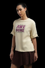 Outlaws Women Awesome Oversized T-Shirt | Beige Casual Typography Printed Tee for Women