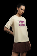 Outlaws Women Awesome Oversized T-Shirt | Beige Casual Typography Printed Tee for Women