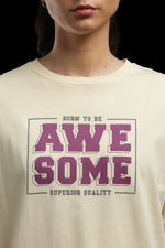 Outlaws Women Awesome Oversized T-Shirt | Beige Casual Typography Printed Tee for Women