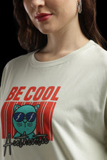 Outlaws Women Be Cool Cat Graphic Oversized T-Shirt | Cream Casual Printed Tee for Women