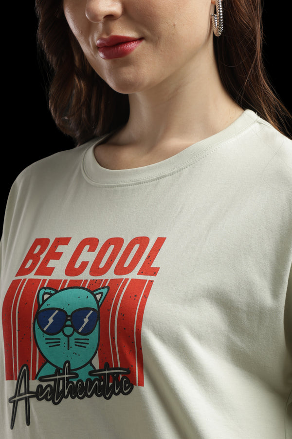 Outlaws Women Be Cool Cat Graphic Oversized T-Shirt | Cream Casual Printed Tee for Women
