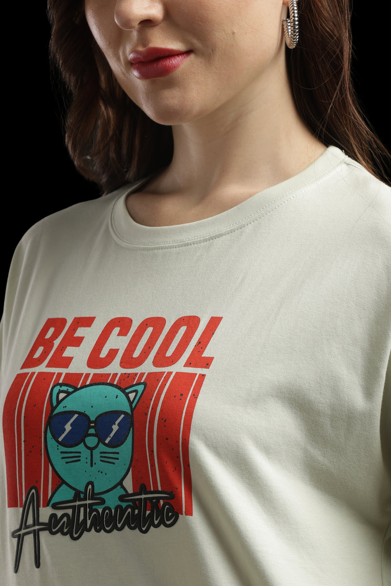 Outlaws Women Be Cool Cat Graphic Oversized T-Shirt | Cream Casual Printed Tee for Women