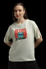 Outlaws Women Be Cool Cat Graphic Oversized T-Shirt | Cream Casual Printed Tee for Women