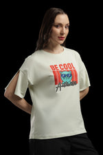 Outlaws Women Be Cool Cat Graphic Oversized T-Shirt | Cream Casual Printed Tee for Women