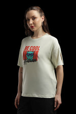 Outlaws Women Be Cool Cat Graphic Oversized T-Shirt | Cream Casual Printed Tee for Women