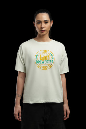 Outlaws Women Breweries Graphic Oversized T-Shirt | Cream Casual Printed Tee for Women