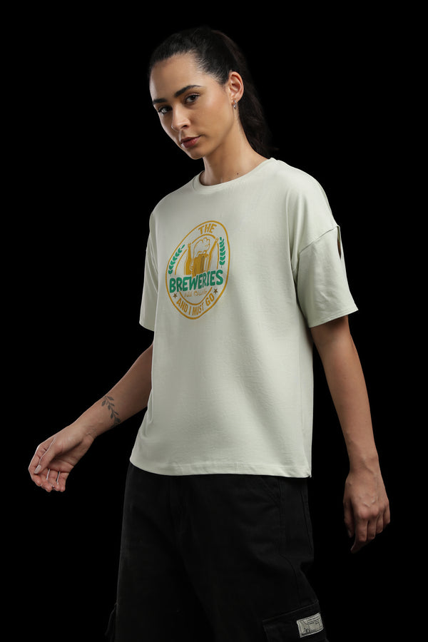 Outlaws Women Breweries Graphic Oversized T-Shirt | Cream Casual Printed Tee for Women