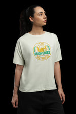 Outlaws Women Breweries Graphic Oversized T-Shirt | Cream Casual Printed Tee for Women