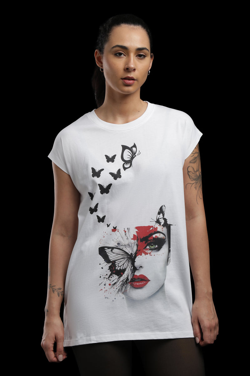 Outlaws Women Butterfly Face Graphic Printed T Shirt - White Artistic Tee