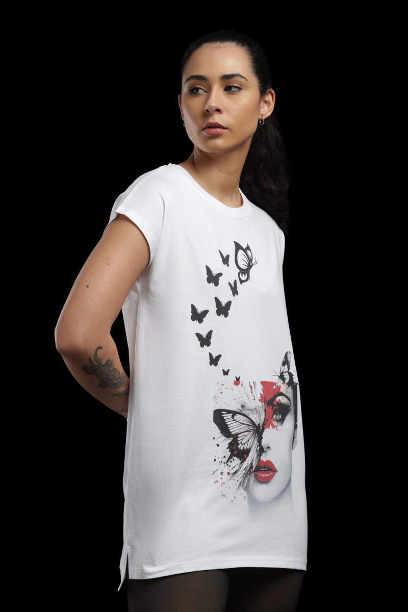 Outlaws Women Butterfly Face Graphic Printed T Shirt - White Artistic Tee