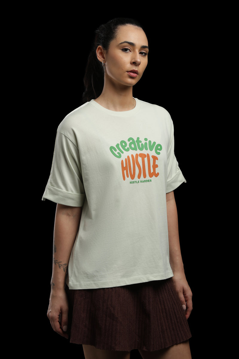 Outlaws Women Creative Hustle Oversized T-Shirt | Cream Graphic Printed Casual Loose Fit Tee for Women